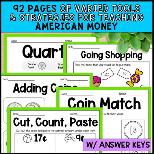 American Money Grade 1 Unit - Worksheets, Task Cards, Posters & Games