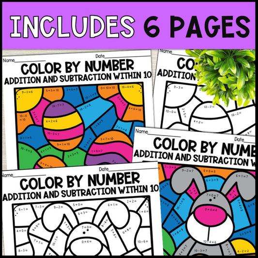 color by number addition and subtraction within 10 - easter 6 pages