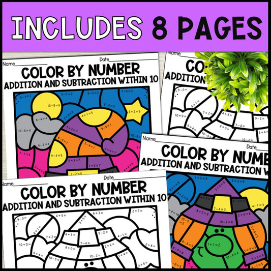color by number addition and subtraction within 10 - halloween 8 pages