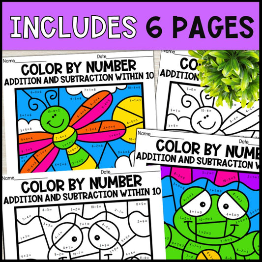 color by number addition and subtraction within 10 - pond 6 pages