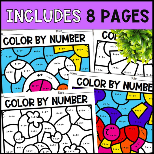 color by number addition and subtraction within 10 - spring 8 pages