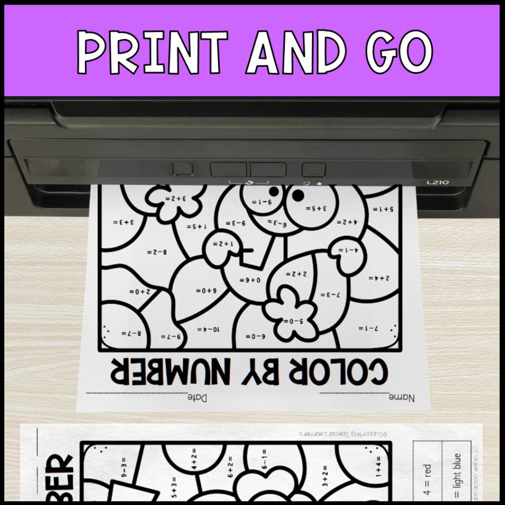 color by number addition and subtraction within 10 - spring no prep