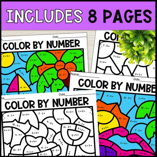 color by number addition and subtraction within 10 - summer 8 pages