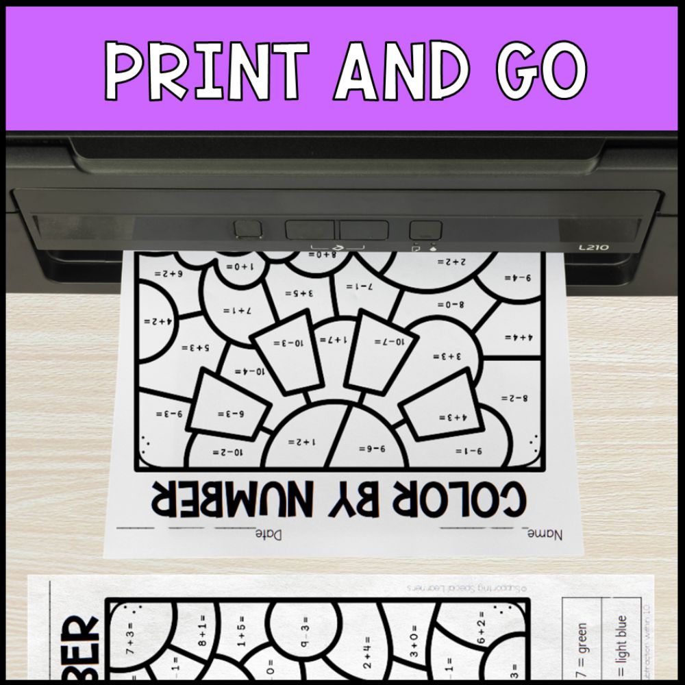 color by number addition and subtraction within 10 - summer no prep