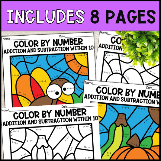 color by number addition and subtraction within 10 - thanksgiving 8 pages