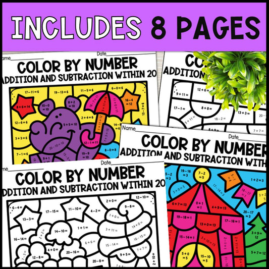 Color by Number Addition and Subtraction Within 20 - Circus Theme
