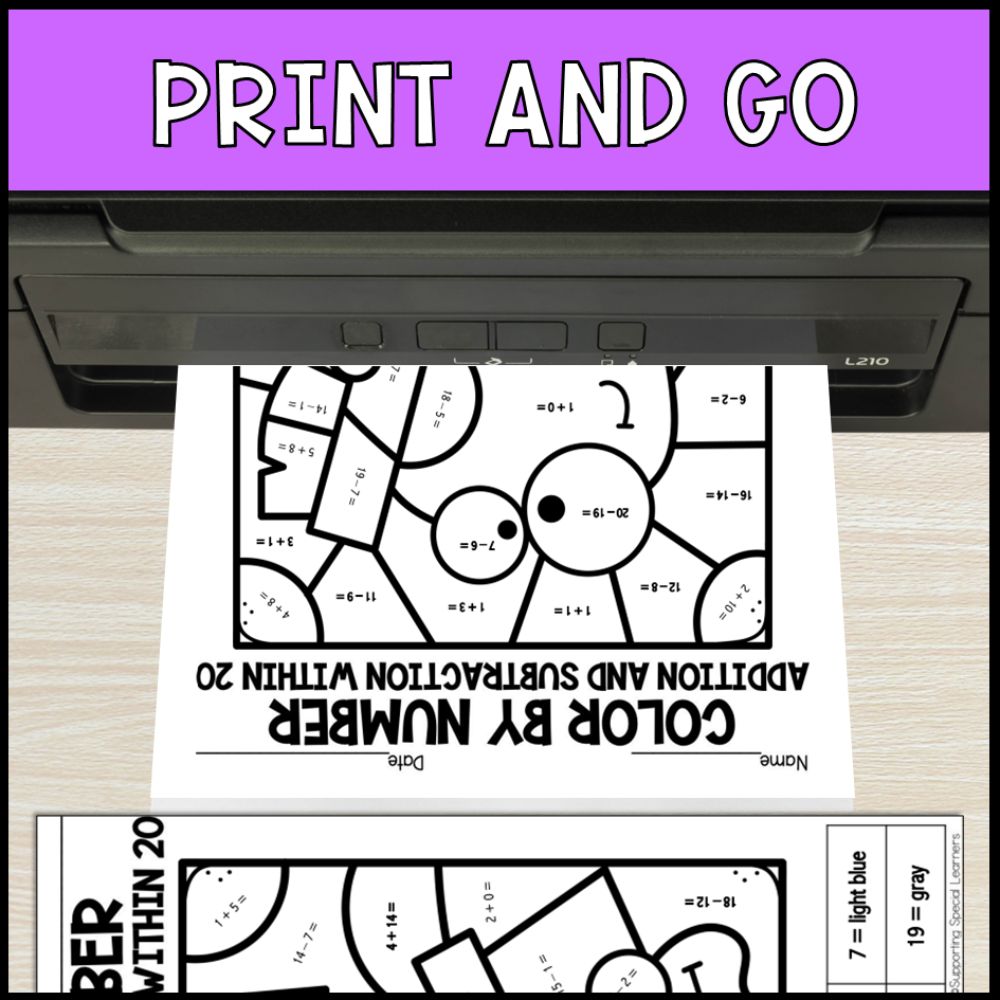 color by number addition and subtraction within 20 - dentist no prep