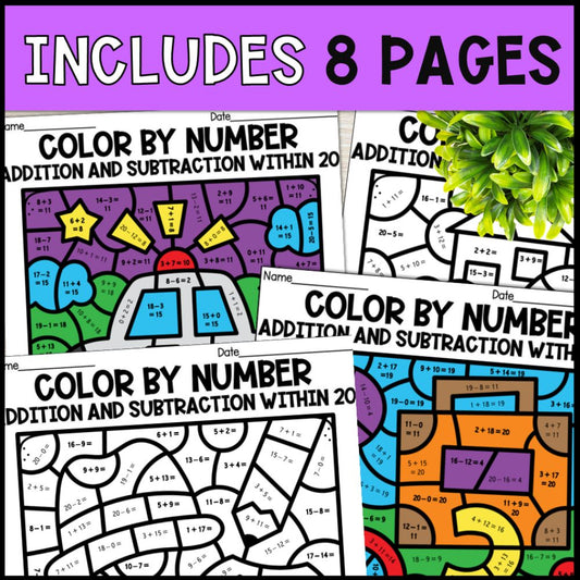 Color by Number Addition and Subtraction Within 20 - Detective Theme