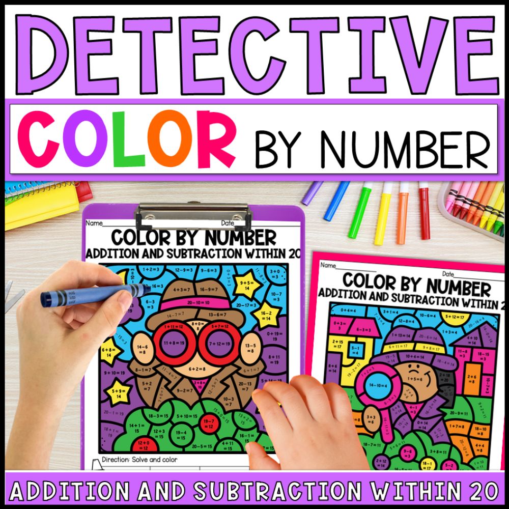 Color by Number Addition and Subtraction Within 20 - Detective Theme