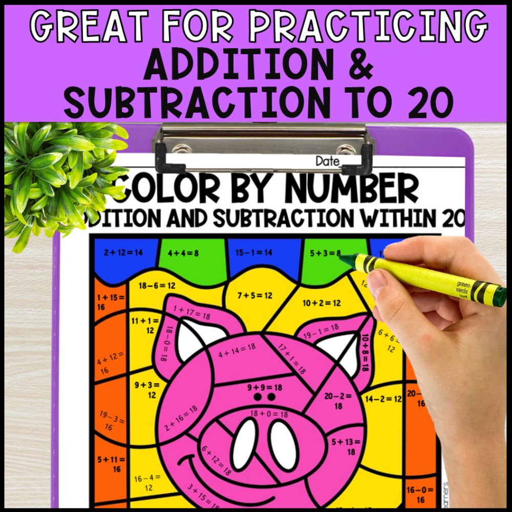color by number addition and subtraction within 20 - farm theme