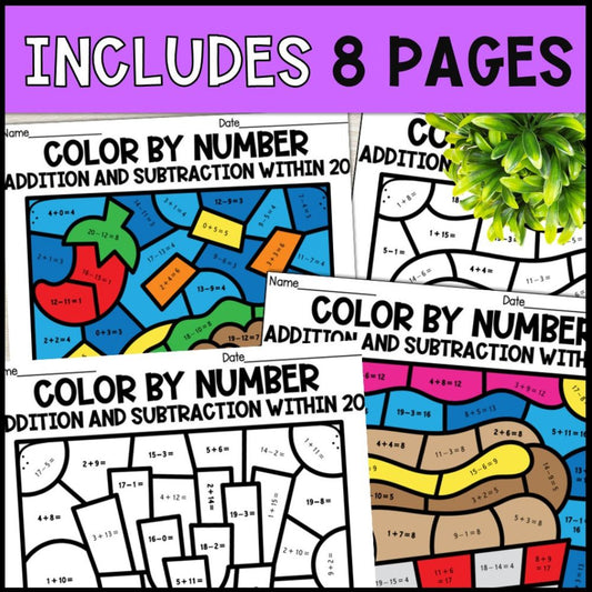Color by Number Addition and Subtraction Within 20 - Fast Food