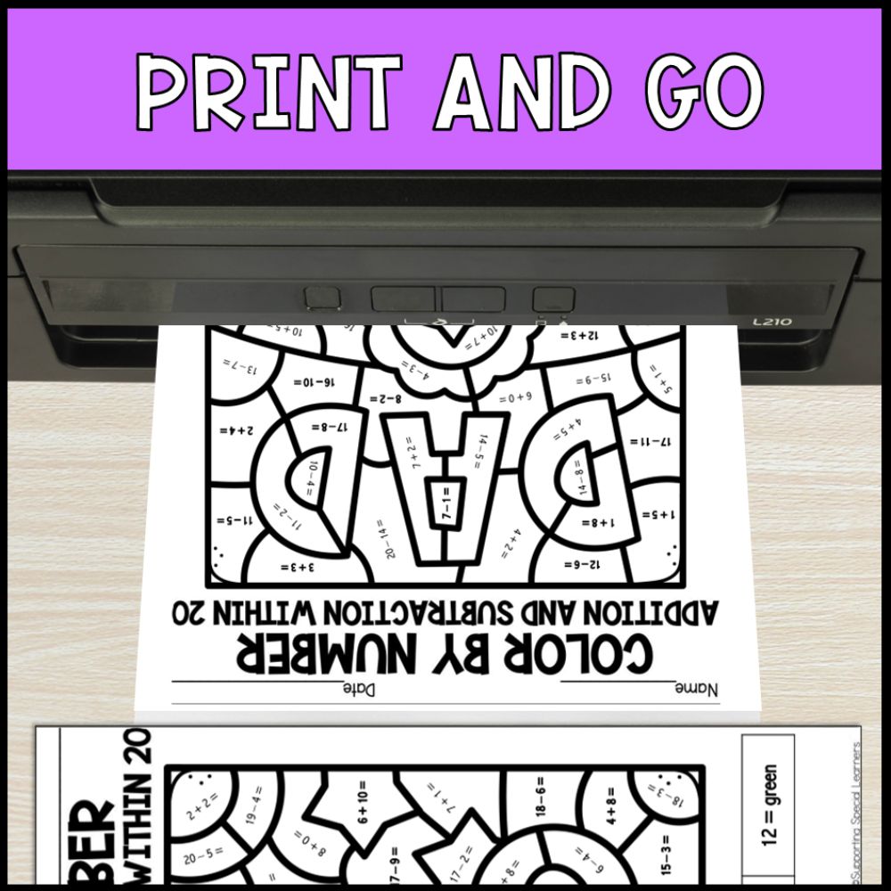 color by number addition and subtraction within 20 - fathers day no prep