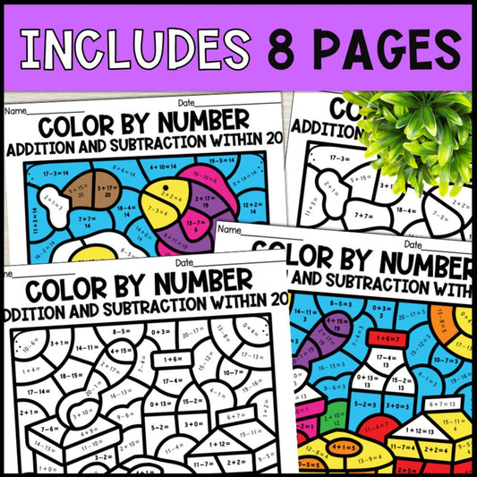 Color by Number Addition and Subtraction Within 20 - Food Groups