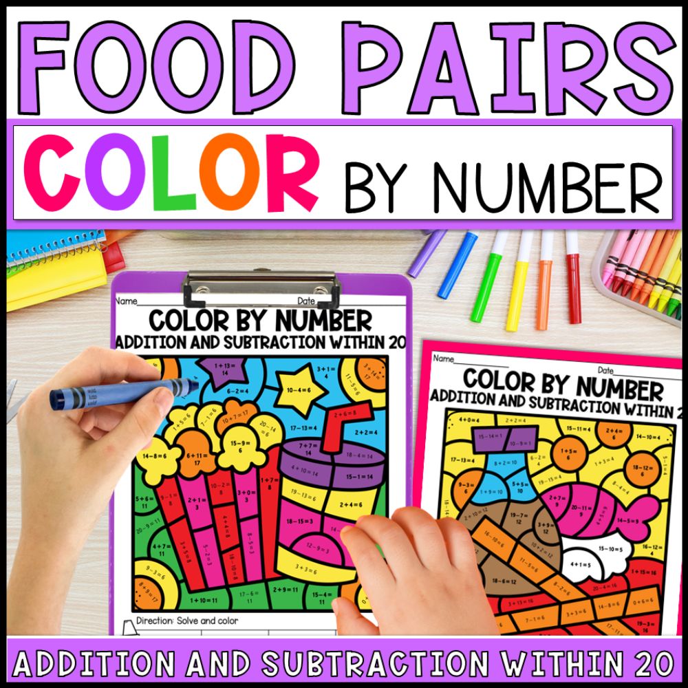 Color by Number Addition and Subtraction Within 20 - Food Pairs