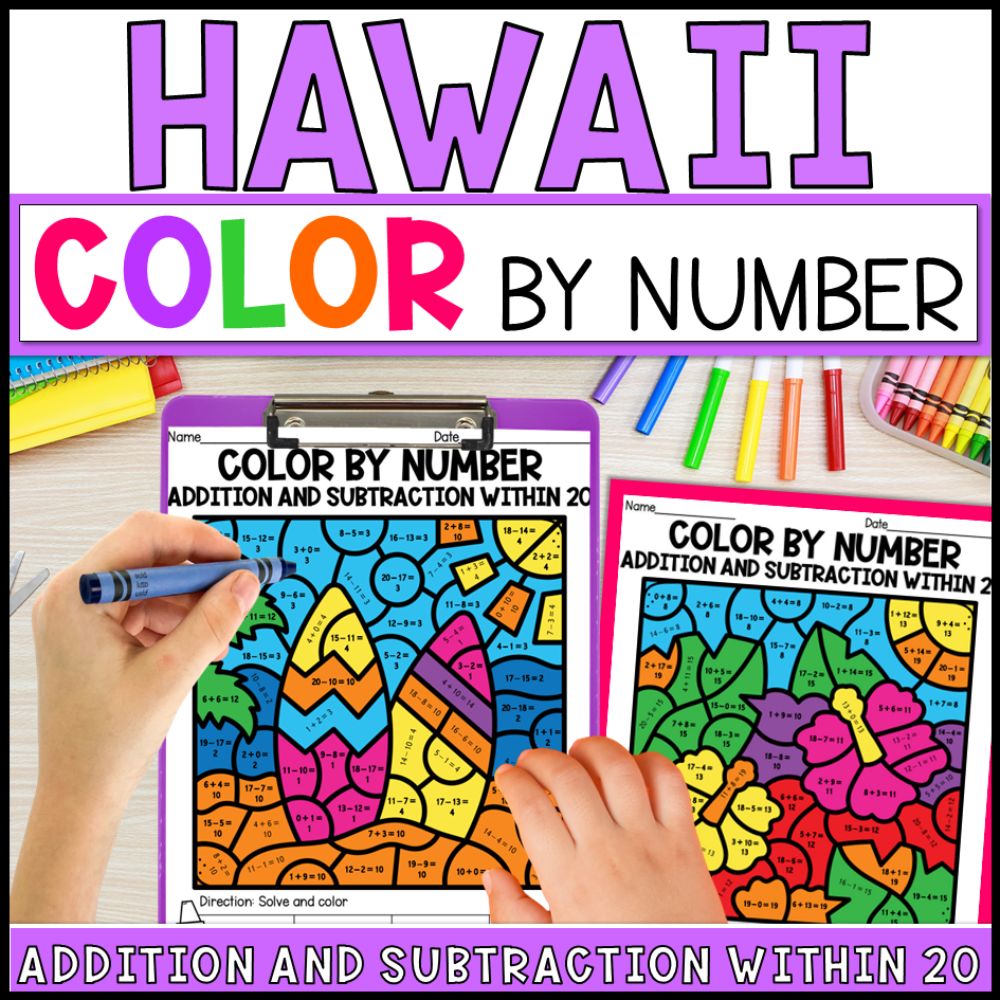 Color by Number Addition and Subtraction Within 20 - Hawaii Theme