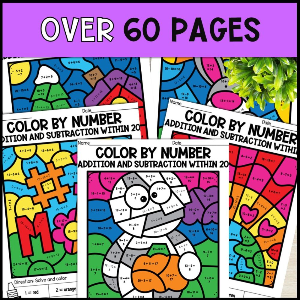 color by number addition and subtraction within 20 - holidays bundle over 60 pages