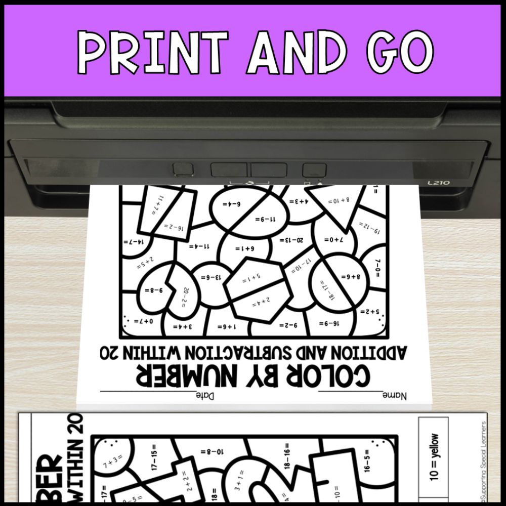 color by number addition and subtraction within 20 - math no prep