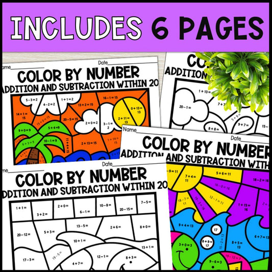Color by Number Addition and Subtraction Within 20 - Ocean Theme