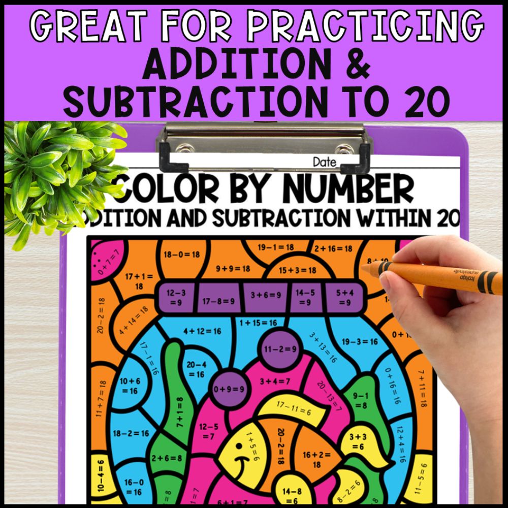 Color by Number Addition and Subtraction Within 20 - Pets
