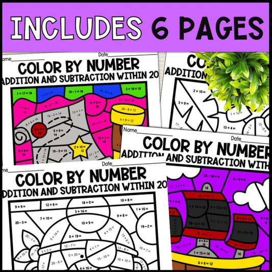 Color by Number Addition and Subtraction Within 20 - Pirate Theme