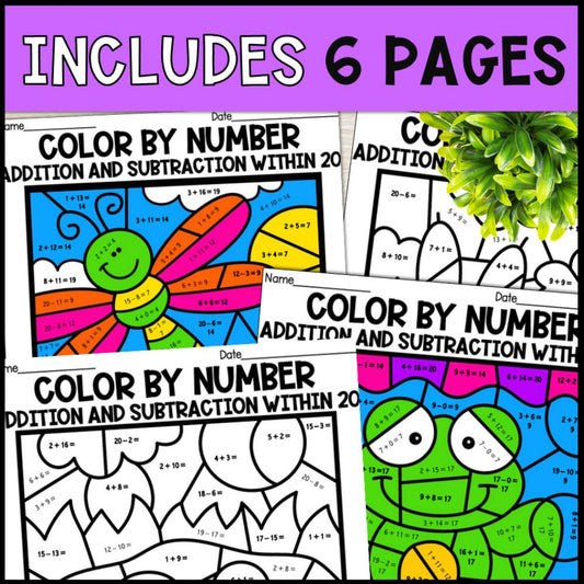 Color by Number Addition and Subtraction Within 20 - Pond