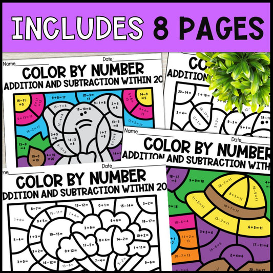 color by number addition and subtraction within 20 - safari theme 8 pages