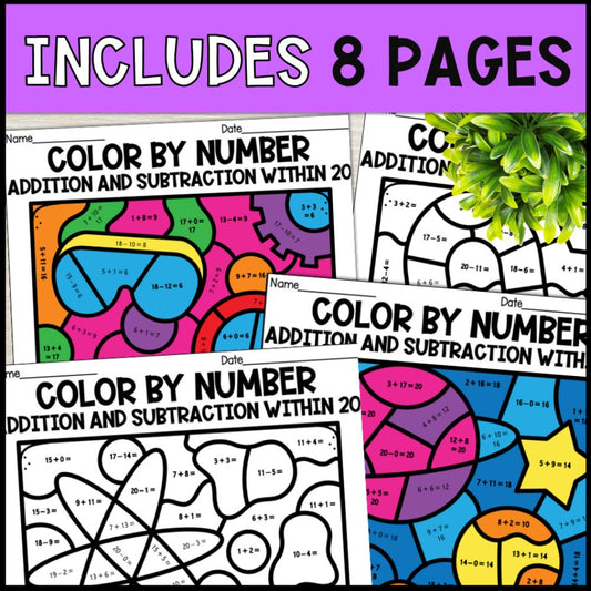 color by number addition and subtraction within 20 - science 8 pages