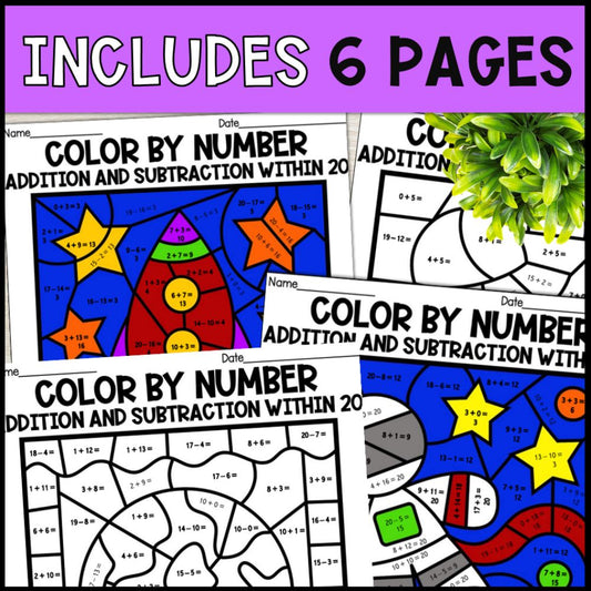 color by number addition and subtraction within 20 - space theme 6 pages
