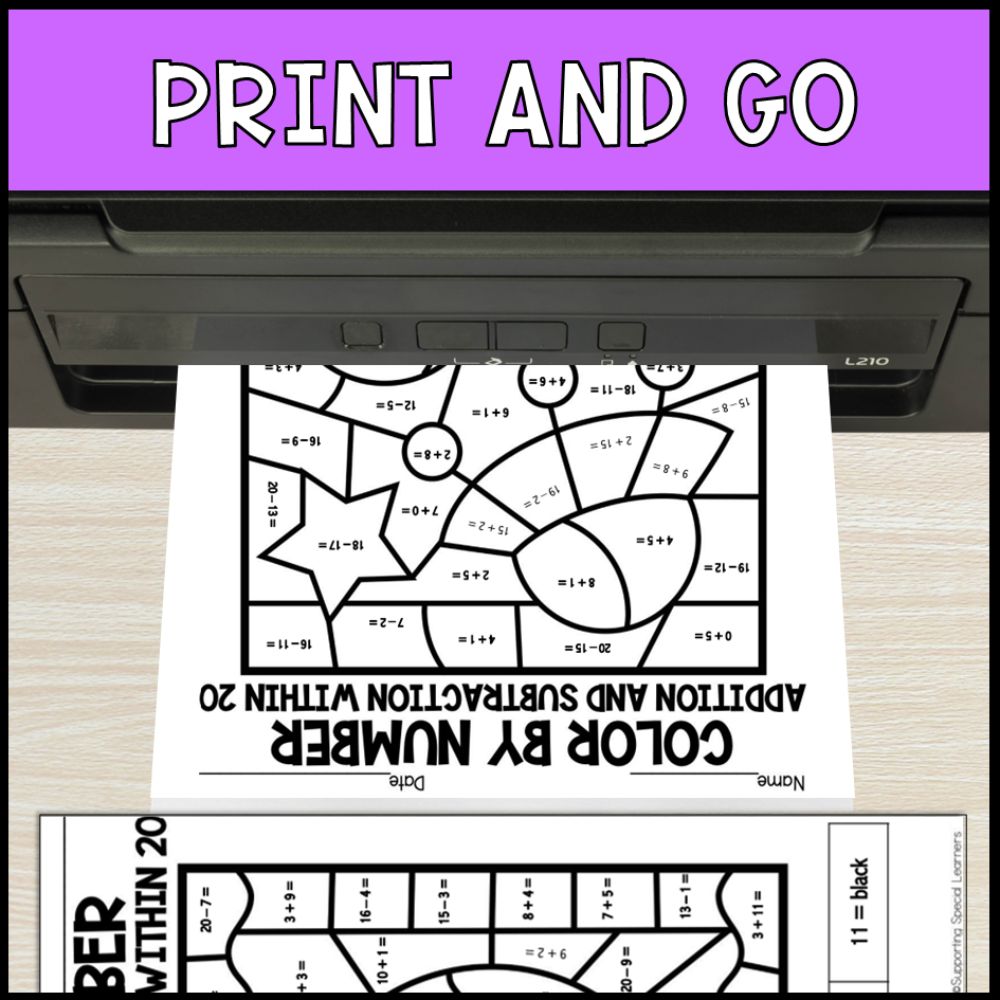 color by number addition and subtraction within 20 - space theme no prep