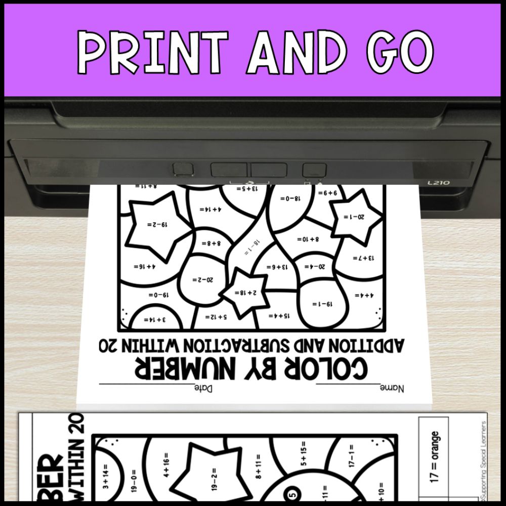 color by number addition and subtraction within 20 - sports theme no prep