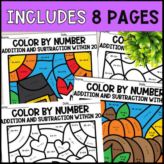 color by number addition and subtraction within 20 - thanksgiving 8 pages