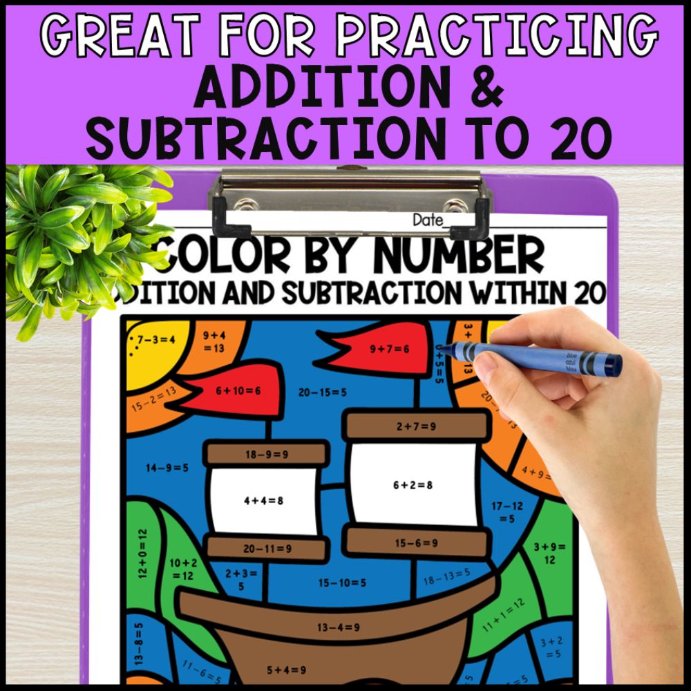 color by number addition and subtraction within 20 - thanksgiving