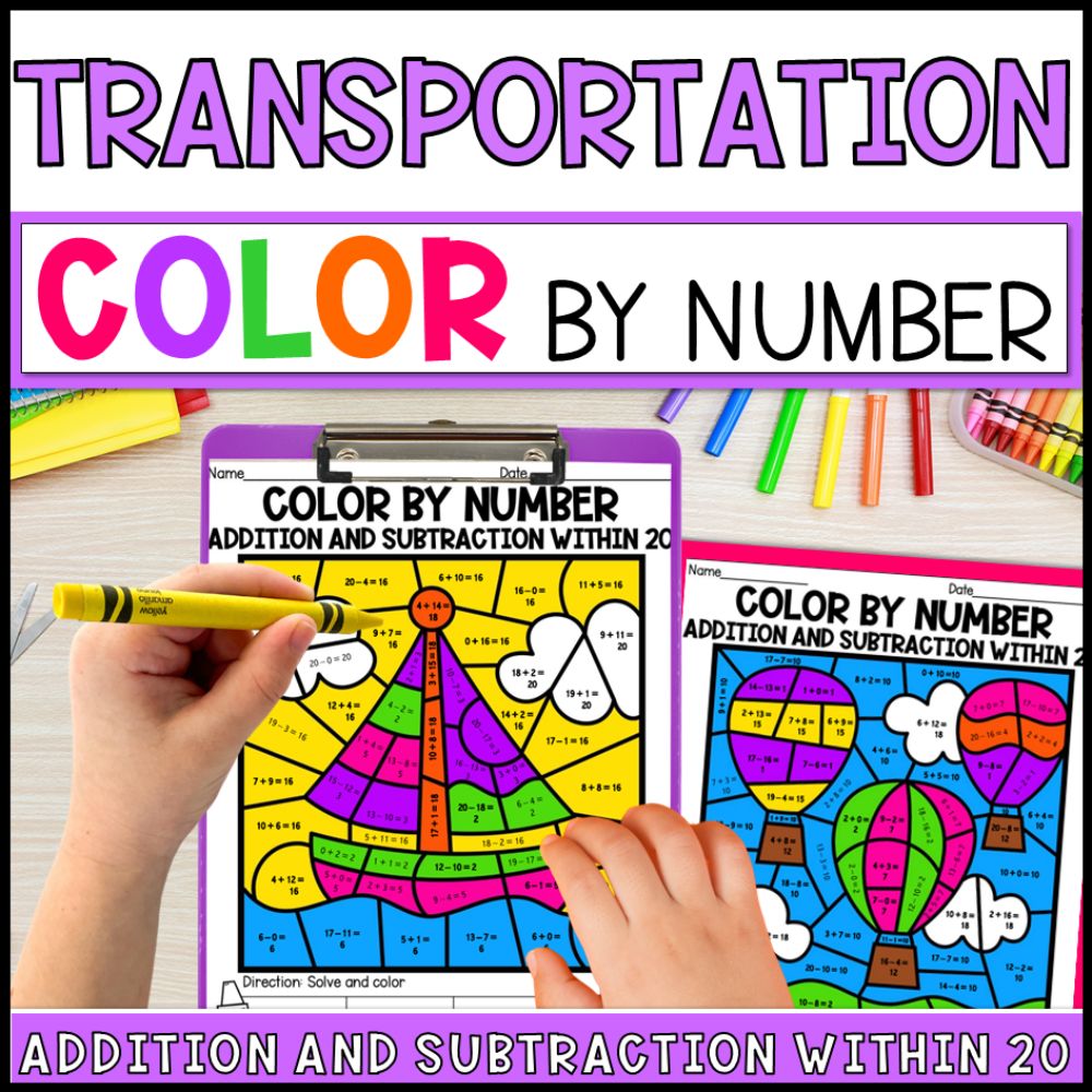 Color by Number Addition and Subtraction Within 20 - Transportation