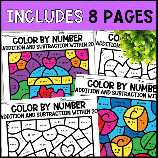 color by number addition and subtraction within 20 - valentines 8 pages