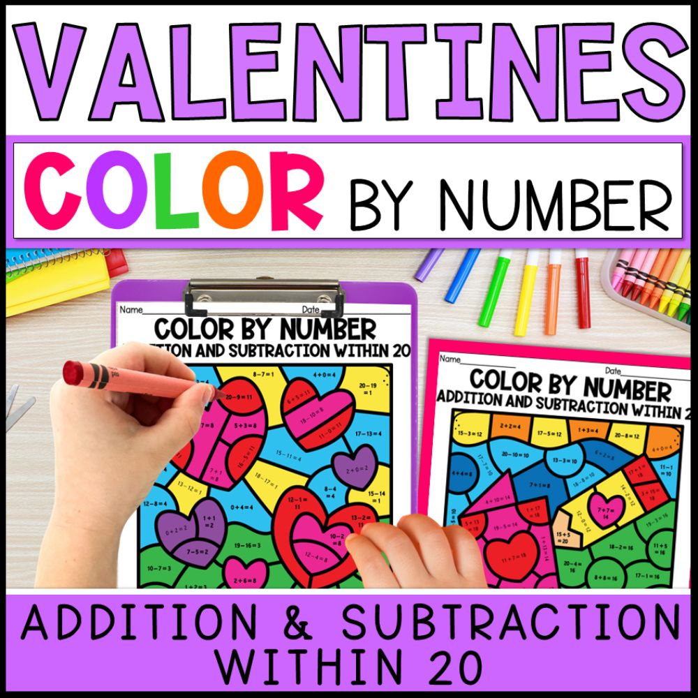 color by number addition and subtraction within 20 - valentines cover