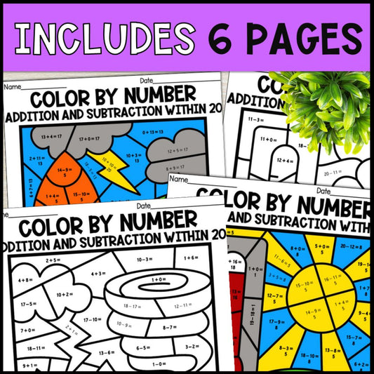 Color by Number Addition and Subtraction Within 20 - Weather