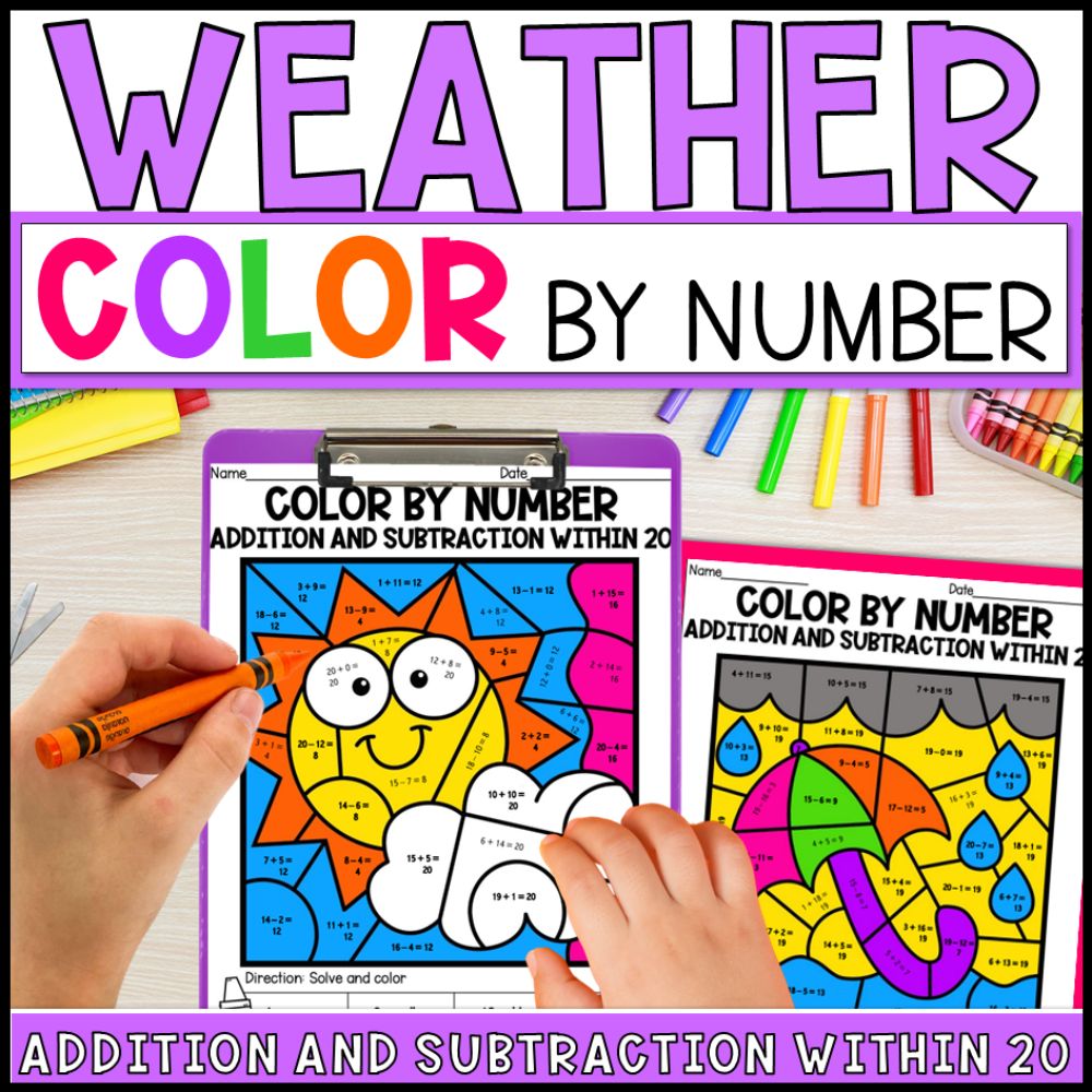Color by Number Addition and Subtraction Within 20 - Weather
