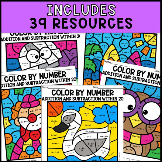 Color by Number Addition and Subtraction within 20 Bundle