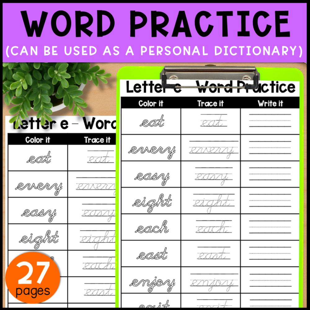Cursive Handwriting Practice Pages: Upper & Lower Case Letters & Words