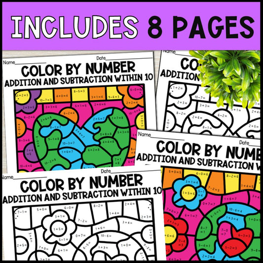 earth day color by number addition and subtraction within 10 8 pages