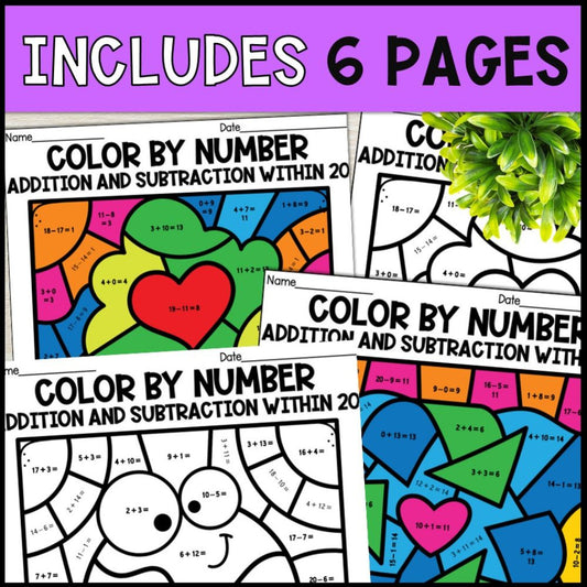 earth day color by number addition and subtraction within 20 includes 6 pages