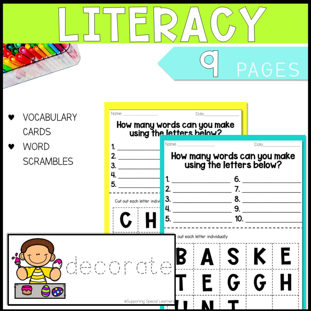 easter math, literacy and art 9 literacy pages