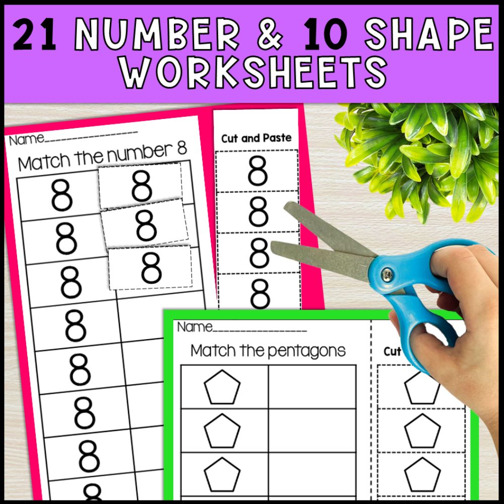 errorless learning cut and paste activities colors, letters, 21 numbers and 10 shape worksheets