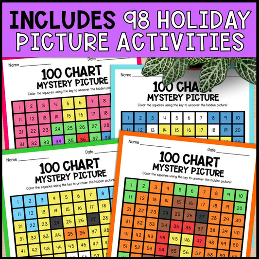 hundreds chart mystery pictures bundle holiday - themed math activities 98 holiday picture activities