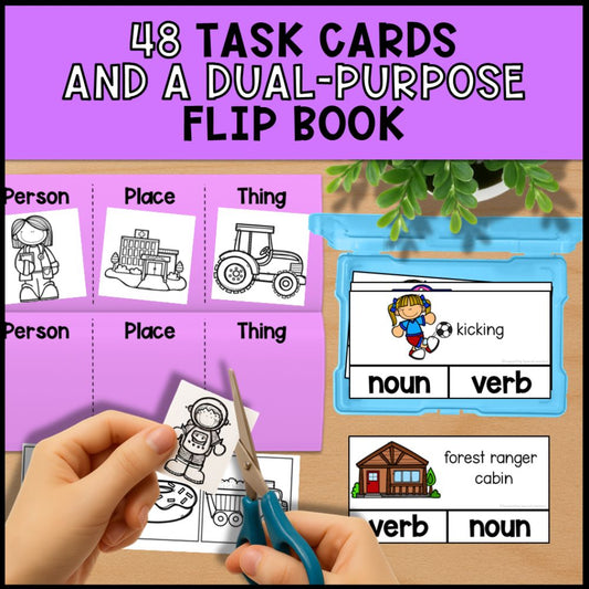 Nouns & Verbs Activities: Task Boxes, File Folders, Posters
