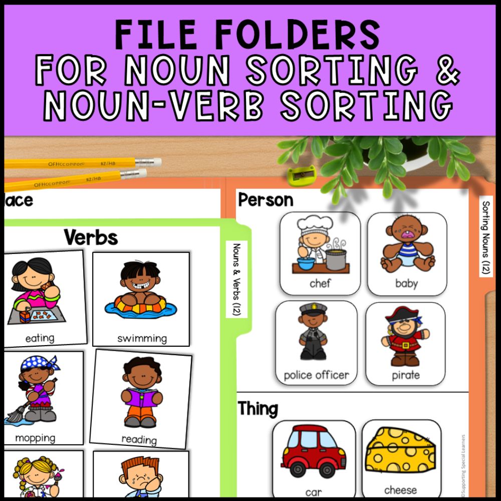 Nouns & Verbs Activities: Task Boxes, File Folders, Posters