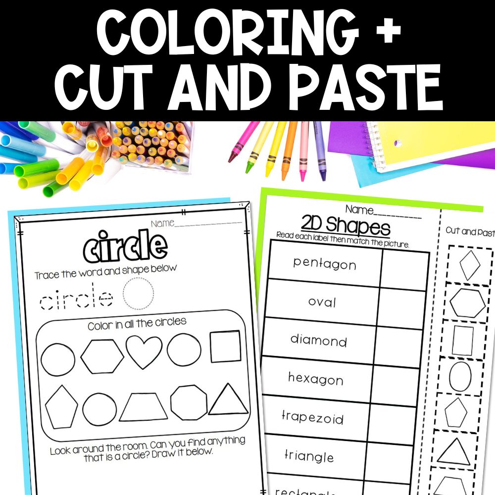2d shapes worksheets and task cards coloring and cut and paste