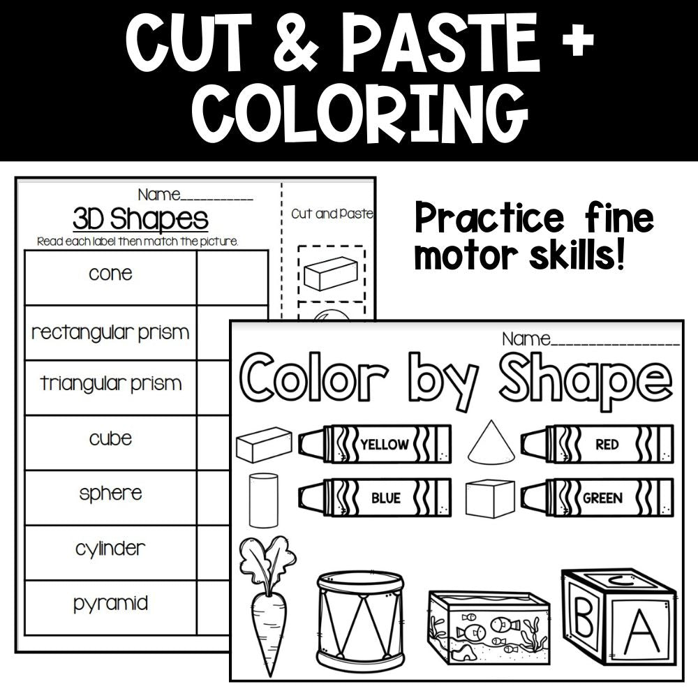 3d shapes math activities cut and paste and coloring