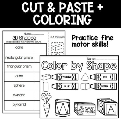 3d shapes math activities cut and paste and coloring
