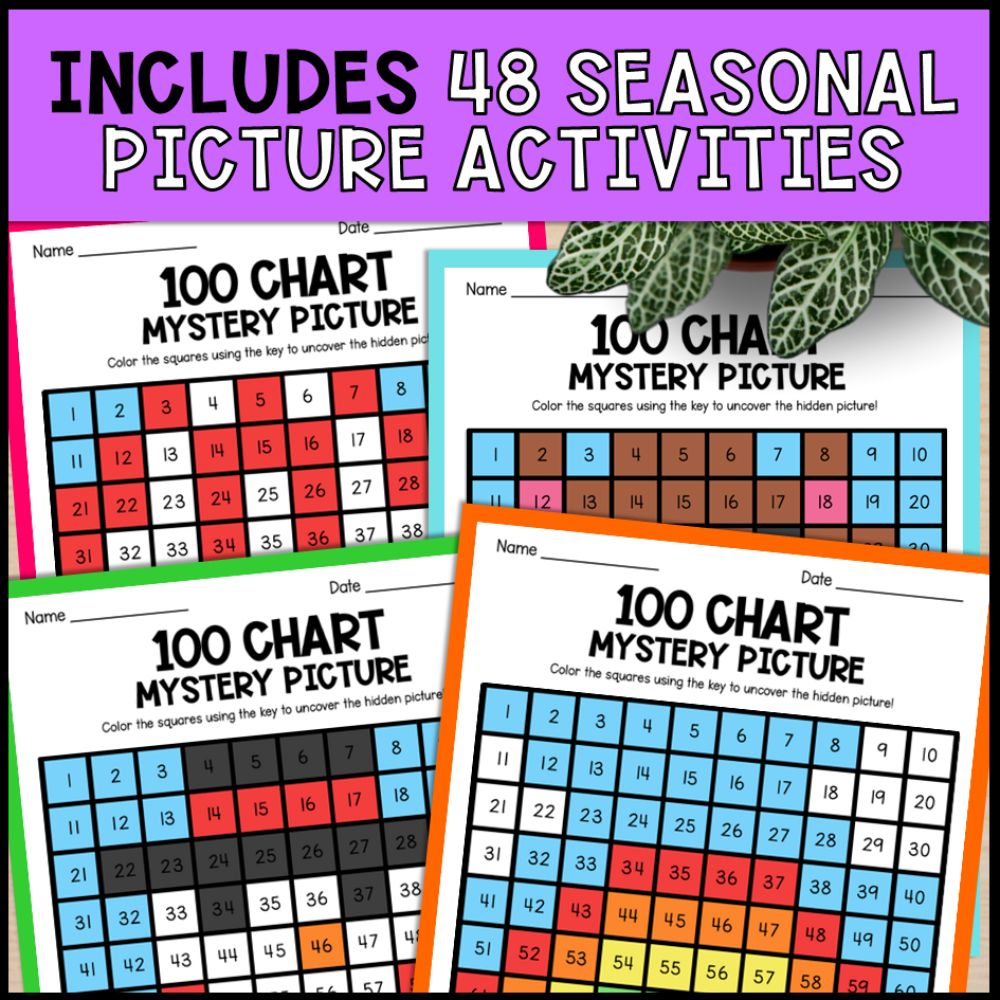 4 seasons theme - hundreds chart mystery pictures bundle 48 seasonal picture activities